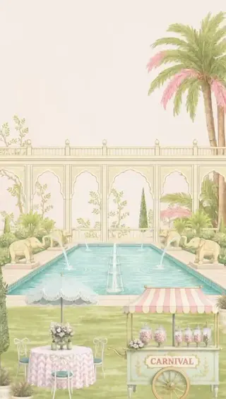 Illustrated garden pool with elephant fountains and a pastel carnival cart