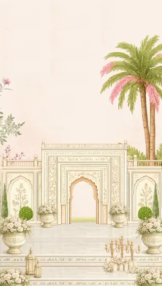 Illustrated cream-and-gold sangeet stage framed by palms and flower urns